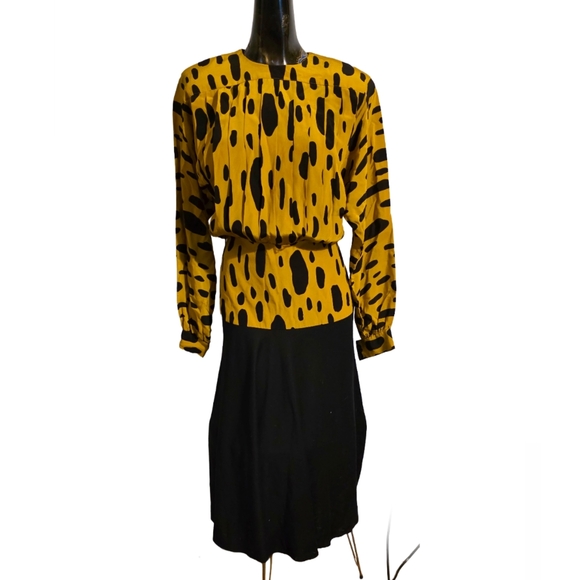 Dresses & Skirts - SYBL California Vintage Mustard & Black Animal Print Dress Pleated Made In USA